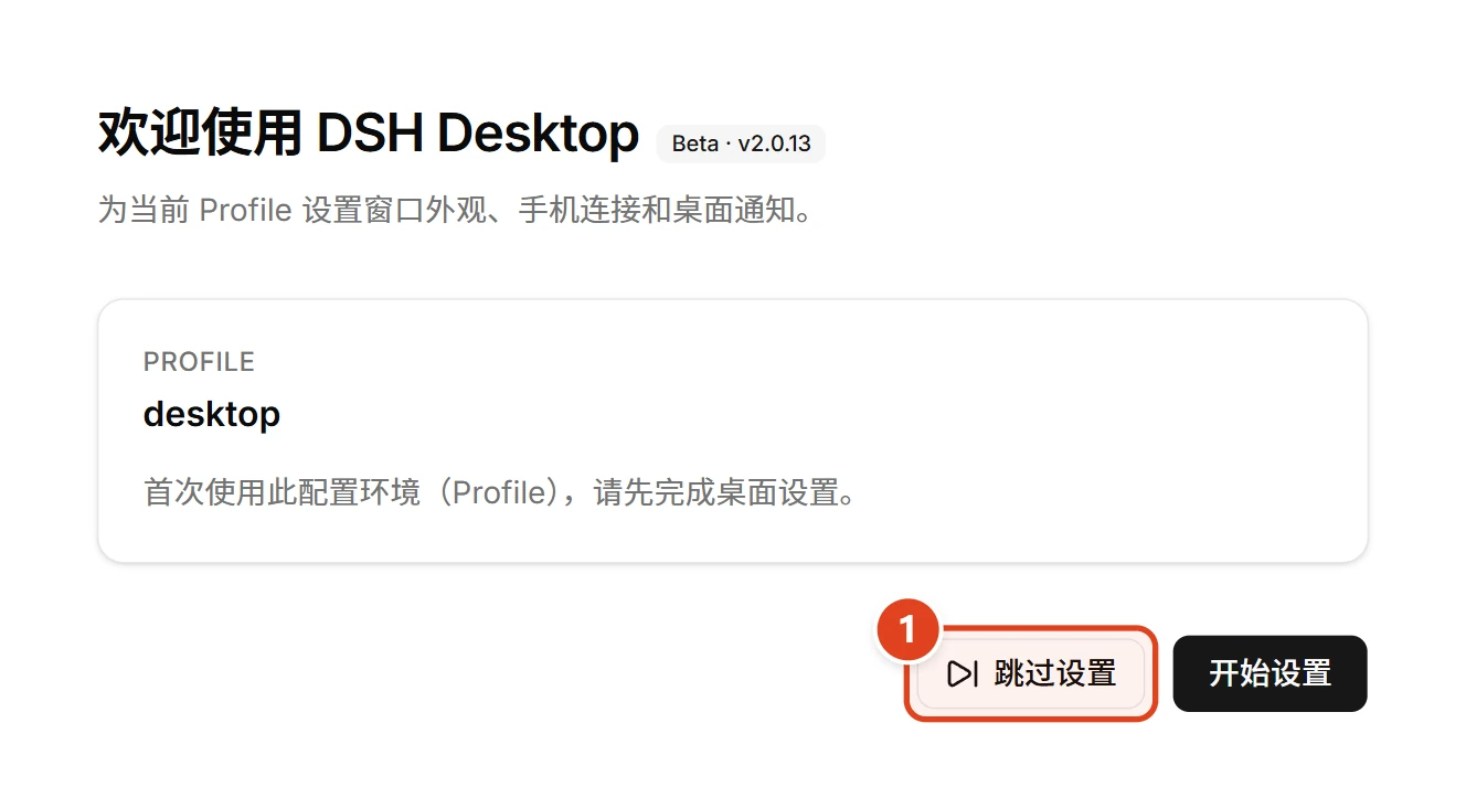 欢迎使用 DSH Desktop 的首次设置页,“跳过设置”按钮被红框标出