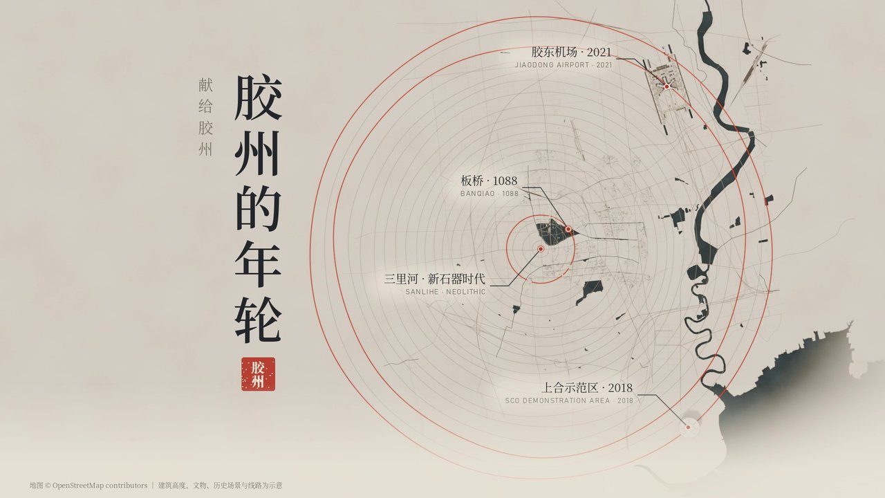 《胶州的年轮》片尾：纸本地图上，以三里河为圆心的年轮与竖排片名